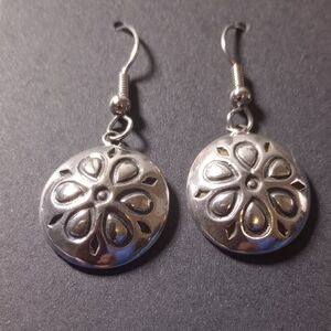 Coin Silver Stamped Floral Design Dangle Earrings